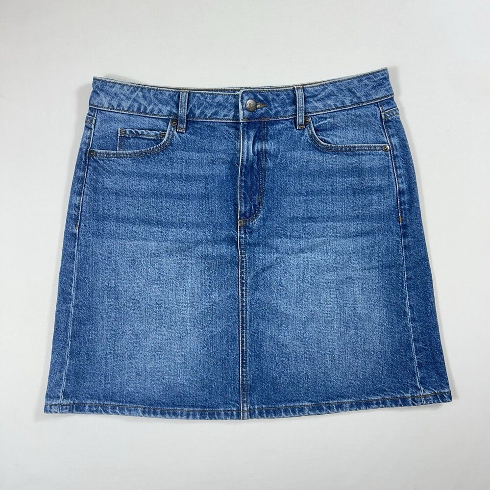 Rivete by LOFT Denim Blue Solid Denim Mini Skirt Button Pockets Size 4 Whiskered